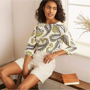 Boden Laurie 100% Linen Paisley Print Women's Pullover Top with Bell 3/4 Sleeves